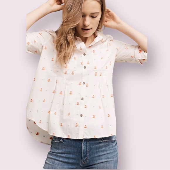 Maeve Anthropologie Miette Tee Pee Print Button Down Shirt Women's Size 2 - Picture 2 of 12
